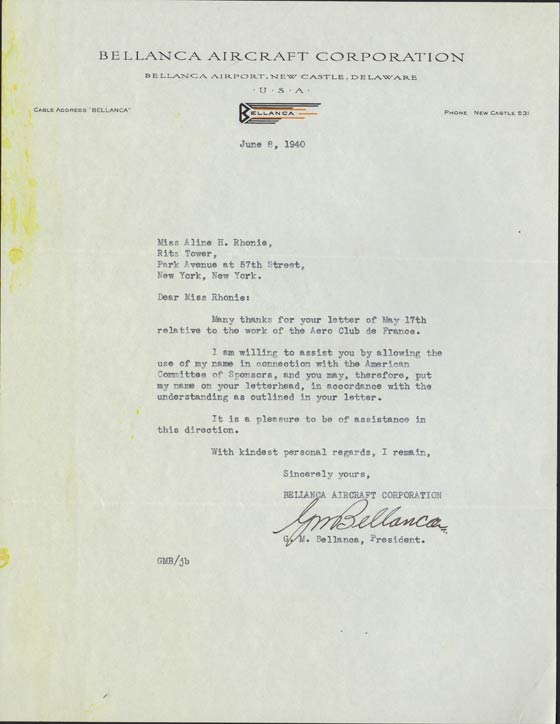 Letter from Giuseppe Mario Bellanca, June 8, 1940 (Source: Roberts) 